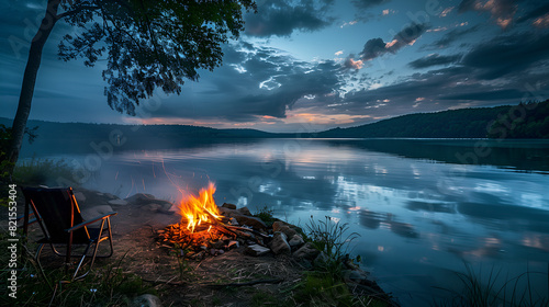 a serene lakeside campfire