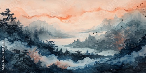 japanese landscape, Japanese watercolor, black, terracotta, gray-blue