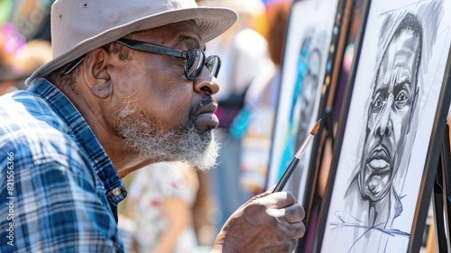 Older man in glasses sketching portraits at outdoor art event