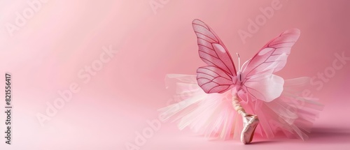 A butterfly dressed as a ballerina with a tutu and ballet slippers, gracefully posing against a pastel pink background with copy space