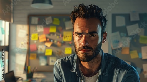 A photorealistic portrait of a businessman in a casual startup office, surrounded by whiteboards and sticky notes, a determined look in his eyes