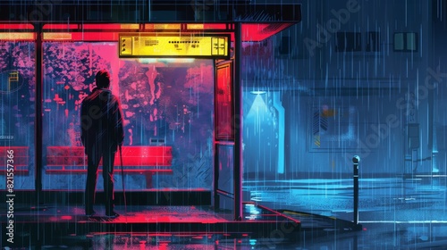A lone man stands at a brightly illuminated bus stop at night, the scene bathed in neon glows amidst a downpour