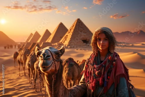 Impressive view of a caravan of camels against the backdrop of the egyptian pyramids at the sunset
