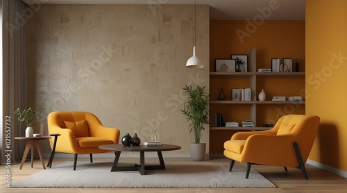 Modern wooden living room with an orange armchair on empty yellow wall background,Minimal room- 3D rendering