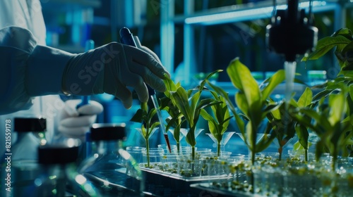 Scientists conducting experiments on plants in a lab, focusing on plant growth and biotechnology in a controlled environment.