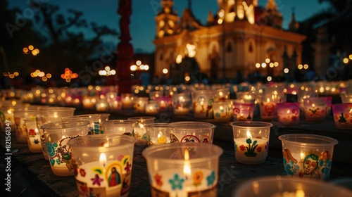 Many candles in plastic cups with stickers of famous Mexican icons, in front of the catedral