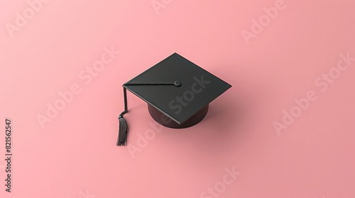 Minimalist illustration of black graduation cap on solid color background, 3d rendering, isometric view, top angle