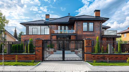 wooden gate with wrought iron elements near a residential building,A private house of two floors with triangular roof and an area near the house against a blue,3d rendering of modern cozy clinker