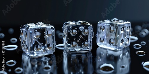3 transparent dice made of ice on a black background with water drops on the surface, photographed at high resolution