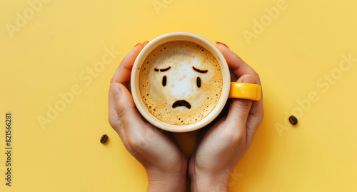 Hands holding cup of coffee with sad face on yellow background, closeup view