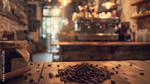 This image showcases a warm and inviting cafe atmosphere with a focus on scattered coffee beans on a wooden surface, hinting at freshly brewed coffee