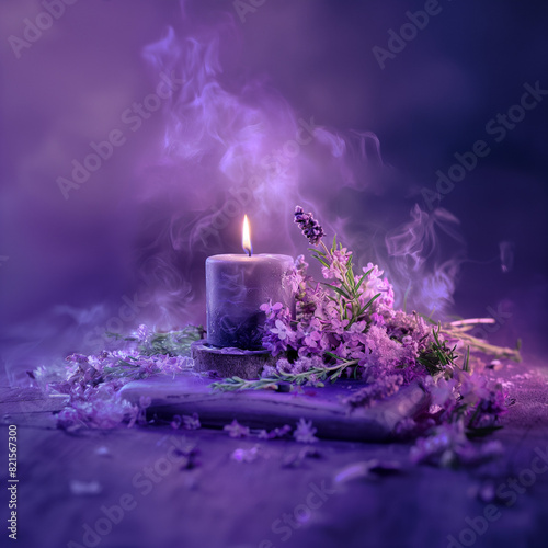 Vela morada, violeta, con flores alrededor y humo
