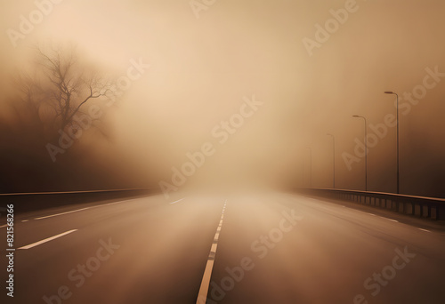 A foggy road with streetlights and bare trees in the background. The visibility is low due to the dense fog, creating a mysterious and eerie atmosphere.