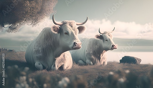 Ethereal Bovine Herd Resting in a Serene Pastoral Landscape with a Vintage Cinematic Aesthetic
