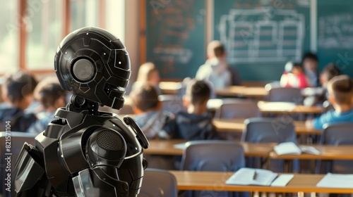 Photo of a robot teacher in front, children sitting behind at desks and learning from it,