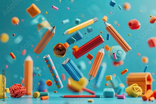 Colorful Floating Pencils and Erasers Against Blue Background in Mid-air Levitation