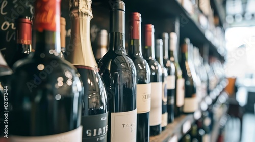 Variety of wine bottles on a rack, close-up emphasizing label details and bottle designs, set against organized wine shelves, well-lit studio shot