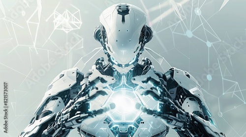 Photo of An AI robot with holographic hands, holding up an energy shield in the center of its chest. The background is white and gray gradient with futuristic elements.