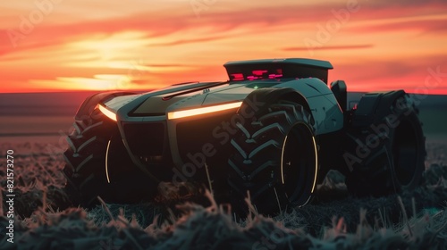 Advanced agricultural machinery, close-up of a hydrogen fuel cell tractor in a field at sunset, futuristic design with vibrant sunset tones