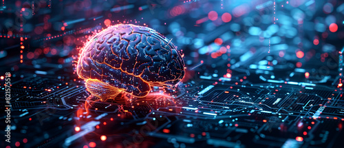 Advanced AI brain with digital data streams on a high-tech background,