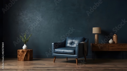 Modern interior of living room with leather armchair on wood flooring and dark blue wall