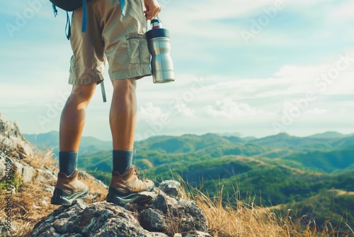 A man is standing on a mountain top with a backpack and a water bottle generated by AI