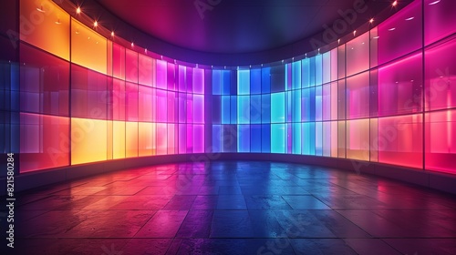 A virtual TV studio news set with a colour screen backdrop and a large text area in 3D rendering, Generative AI.
