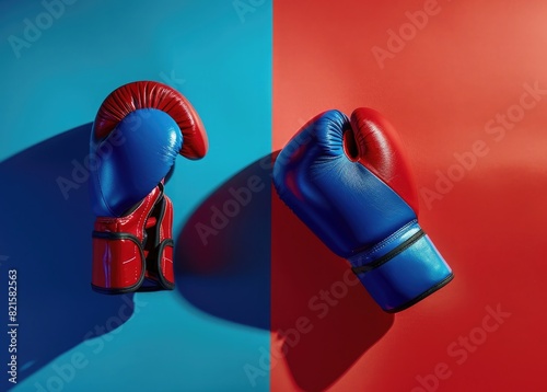 Red and blue boxing gloves on a red background, in a blue corner with a blue shadow and blue light, with a red side and red light.
