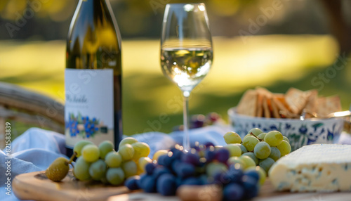 picnic with white wine served outside with cheese and charcutier