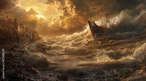 catastrophic deluge hits shore in great flood biblical scene digital illustration