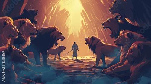 courageous biblical hero daniel standing fearlessly amidst ravenous lions in den faith triumphs concept illustration