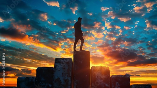 determined silhouette of businessman stepping up on giant stone domino blocks vivid sunset sky overcoming challenges digital art