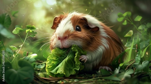 A plump guinea pig with swirling brown and white fur, munching on a piece of lettuce, its cheeks puffed out in a comical display of gluttony.