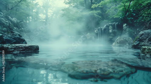 竹垣と木々に囲まれた岩風呂温泉「AI生成画像」