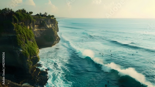 Dramatic Cliffs and Crashing Waves at Tropical Beachside Temple with Surfers Catching Waves Below