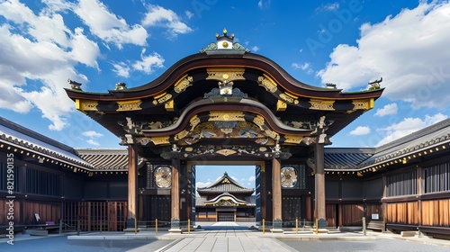 Majestic Entrance of Nijo Castle with Intricate Carvings and Grand Architecture