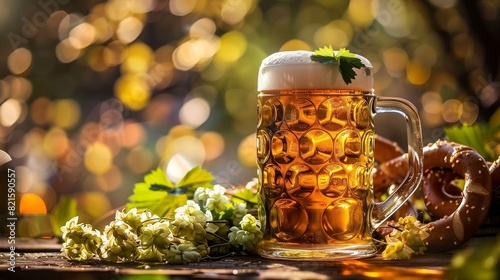 A traditional German beer stein filled with Oktoberfest brew, accompanied by a hearty pretzel and a sprig of hops,