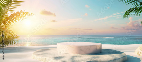 Beach podium background product summer sand display, 3D illustration display platform. 