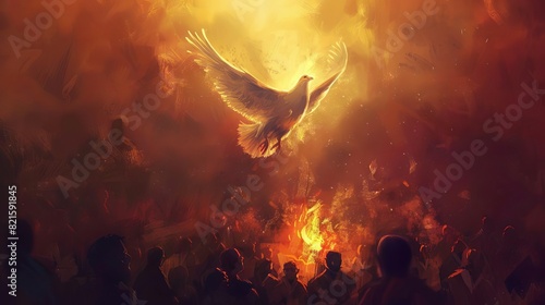pentecost holy spirit descending as white dove over followers around burning fire digital painting