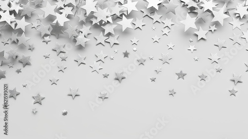 shimmering silver confetti stars cascading on white background festive holiday celebration glamorous overlay 3d render
