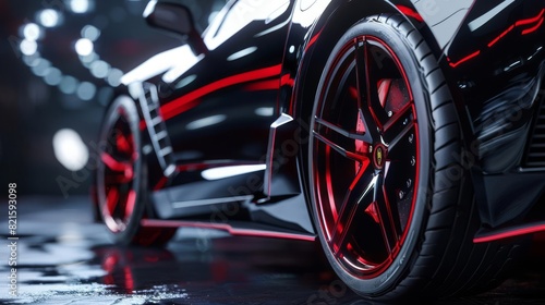sleek sports car with vibrant red accents and powerful braking system closeup studio shot