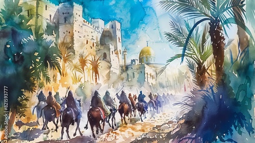 triumphant entry of jesus christ into jerusalem on palm sunday watercolor biblical illustration