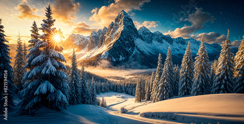 A snowy mountain dreamscape with a tall, jagged peak at the center, surrounded by pine trees covered in snow 