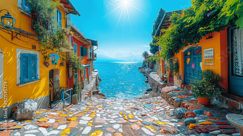 Narrow cobbled street leading down to blue sea. Colorful multi-colored buildings, pots flowers in picturesque old green Mediterranean Italian town. Bright sunny day, perfect travel, vacation, tourism
