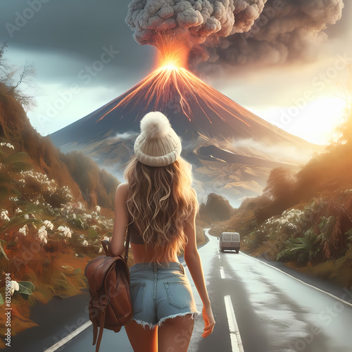 joven se dirige hacia un volcán en plena erupción