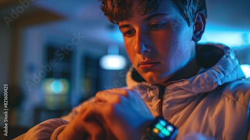 A young man wearing a smartwatch that monitors his heart rate and activity levels, demonstrating the integration of wearable technology into everyday health management, a key aspec