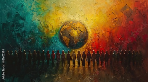 An abstract painting of a globe with people forming a circle around it, symbolizing global unity in democracy.