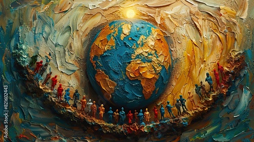 An abstract painting of a globe with people forming a circle around it, symbolizing global unity in democracy.