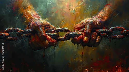 An abstract depiction of hands breaking chains, symbolizing the struggle and triumph for liberation.