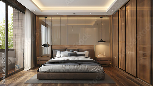 Wooden Closet with Sleek Sliding Doors in Minimalist Style Bedroom Interior Design.